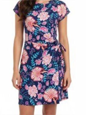 Tommy Bahama Navy Floral Pink+Blue Tie Front Dress Size S